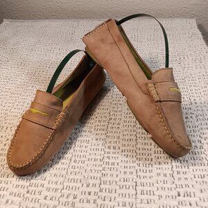 Johnston & Murphy women's tan leather & green apple driving penny loafers sz 6 M